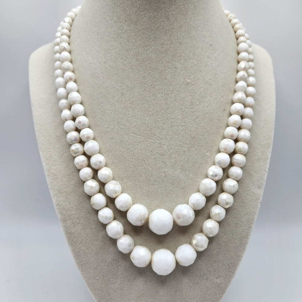 VINTAGE White Sparkle Faceted Glass Bead Double Strand Necklace Box Clasp